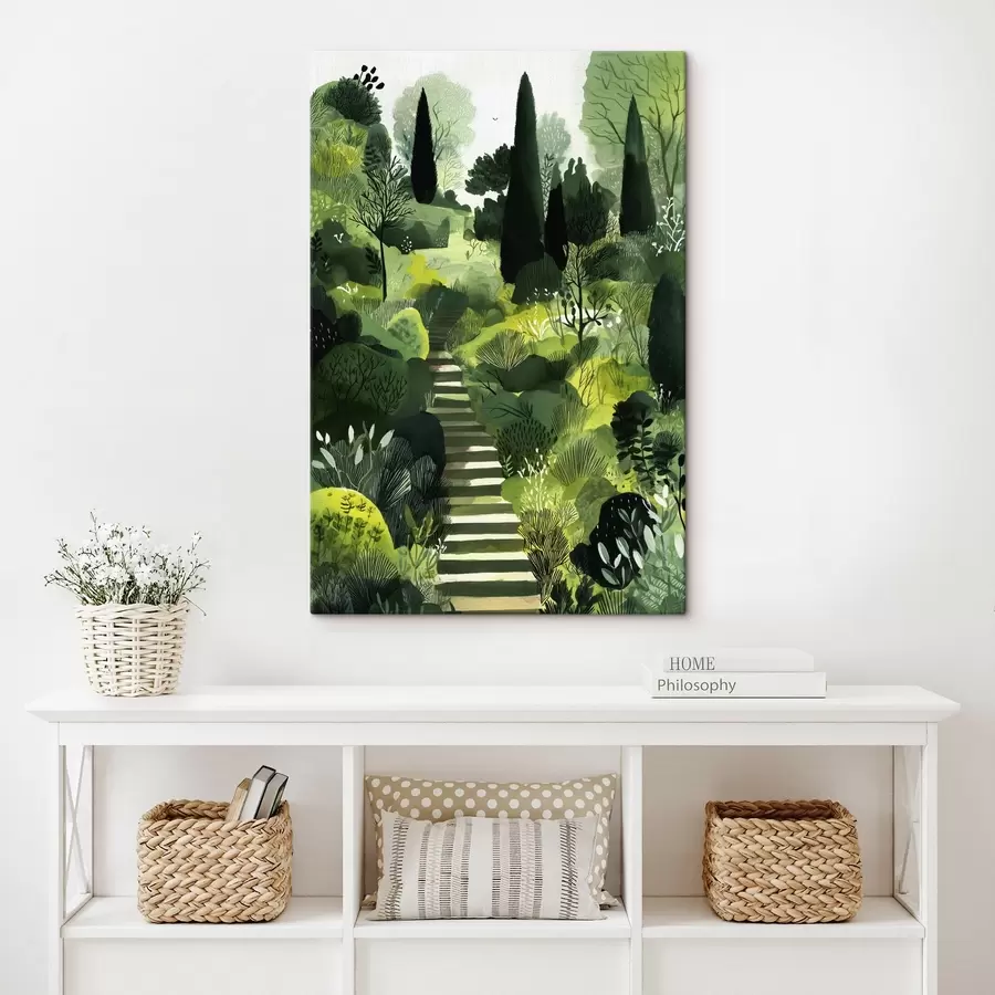 Fototapet Zelené kopce se stromy a keři, betonové schody, svěží barvy s44980