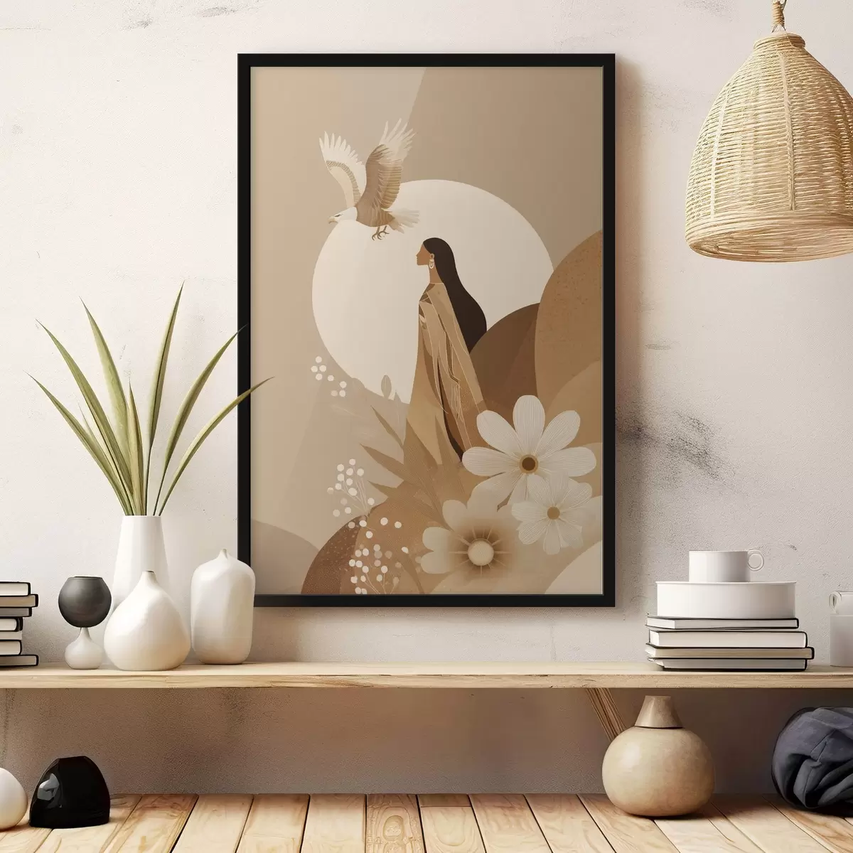 Poster Abstrakce s ženou a orlem na obloze, béžové barvy f44978