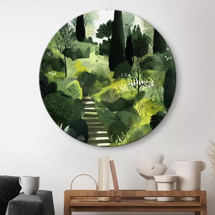 Obraz Zelené kopce se stromy a keři, betonové schody, svěží barvy Č. r44980