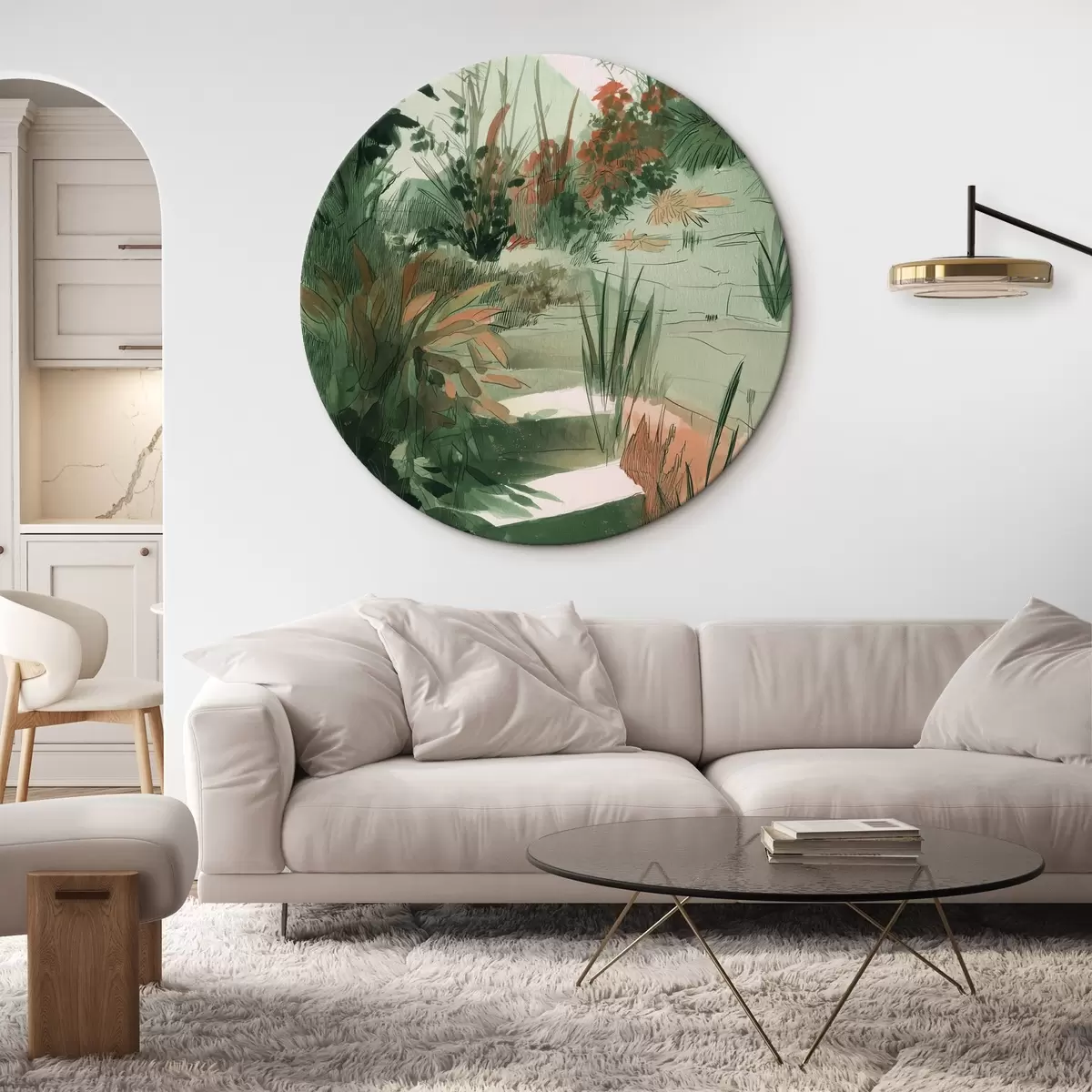 Kulaté obrazy Orientální zahrada s keři a stromy, zelené barvy r44982