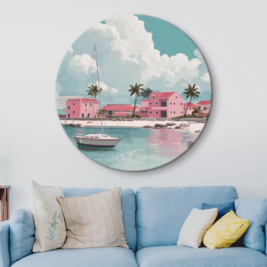 Obraz Růžová pláž s jasným sluncem, plachetnicí a domy Č. r44986