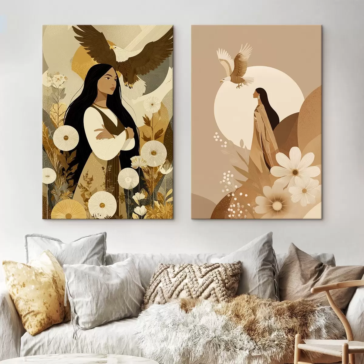 Obraz Ženy s létajícími orly, kmenový styl, béžové barvy Č. m00477