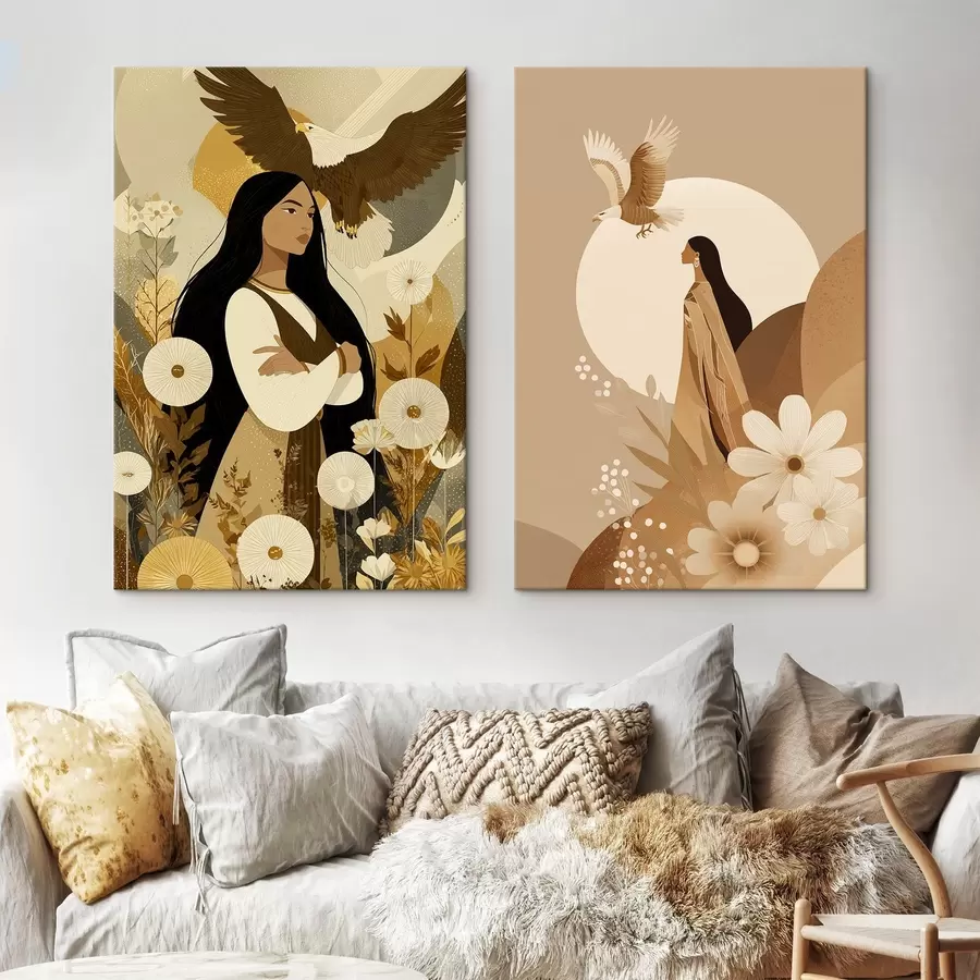 Obraz Ženy s létajícími orly, kmenový styl, béžové barvy Č. m00477