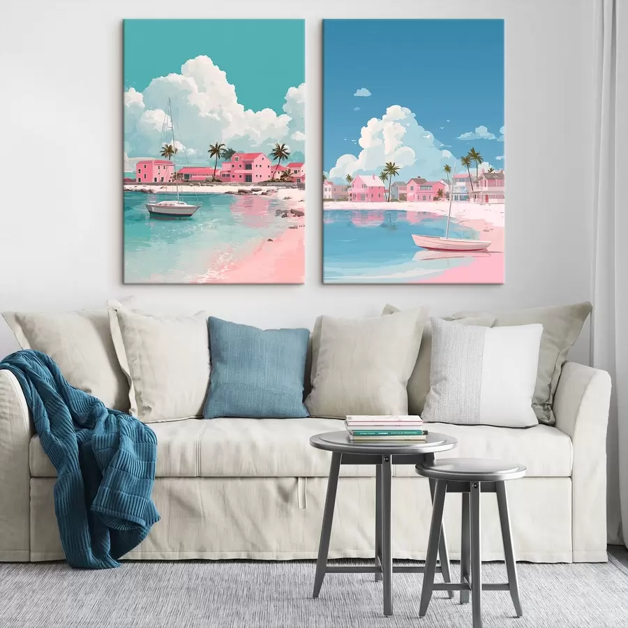 Obraz Růžová letní pláž se sluncem, plachetnicí a domy Č. m00479