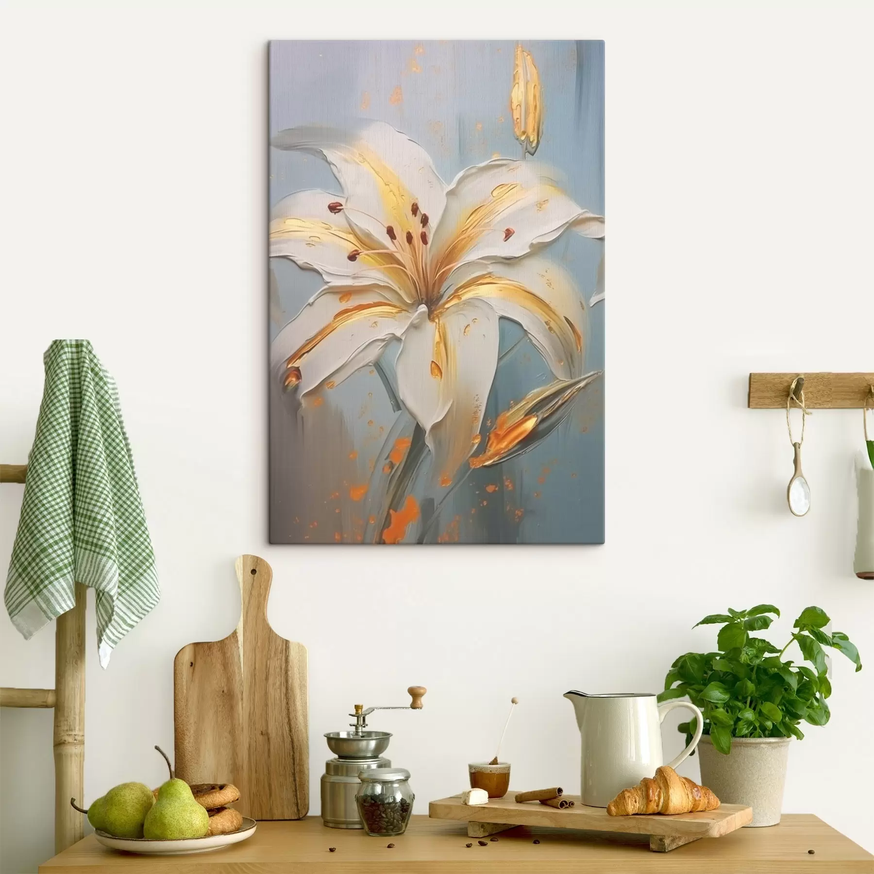 Obraz Bílá lilie se žlutými tahy na modrém pozadí Č. s45077