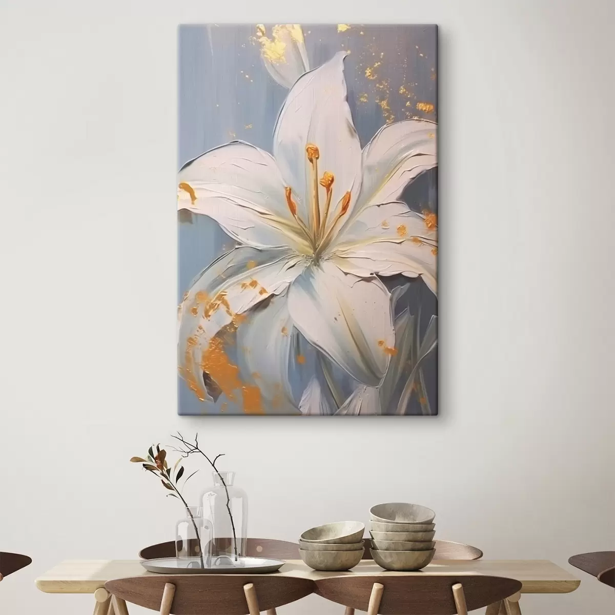 Obraz Bílá lilie se žlutými akcenty na modrém pozadí Č. s45078