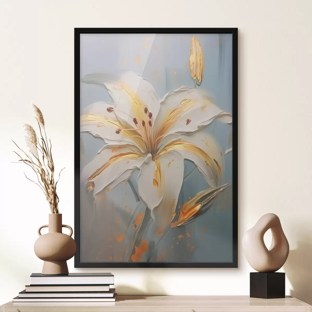 Poster Bílá lilie se žlutými tahy na modrém pozadí f45077