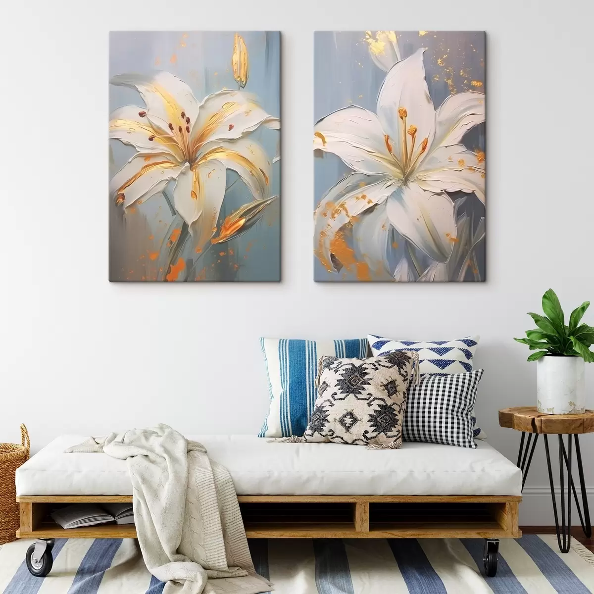 Obraz Bílé lilie se žlutými tahy na modrém pozadí Č. m00497