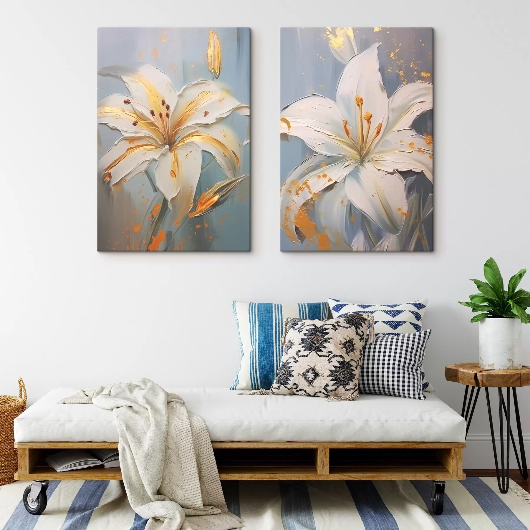 Obraz Bílé lilie se žlutými tahy na modrém pozadí Č. m00497