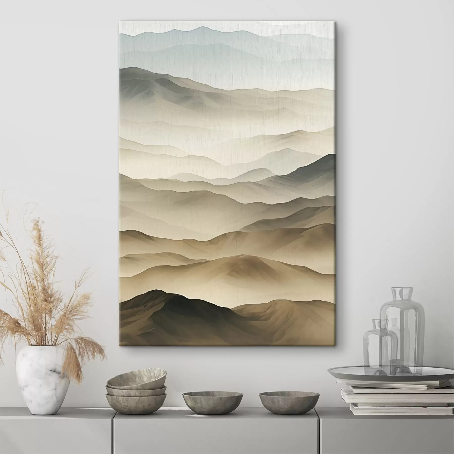 Fototapet kopce, mlha, neutrální tóny, plynulé linie, země, měkké okraje, příroda, hloubka s45096