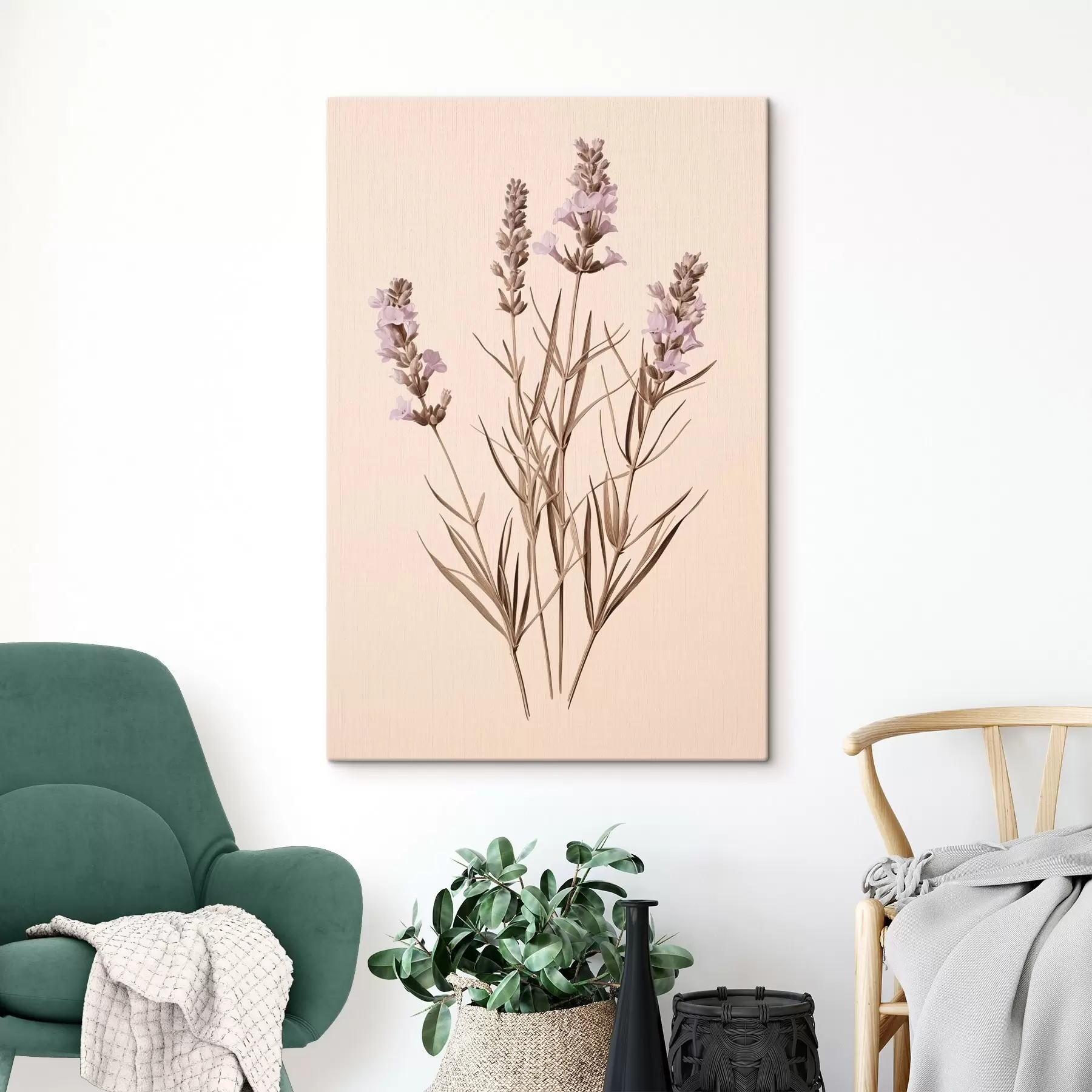 Obraz levandule, botanické, béžové pozadí, jemně fialová, listy, květinové, přírodní, stonek Č. s45100