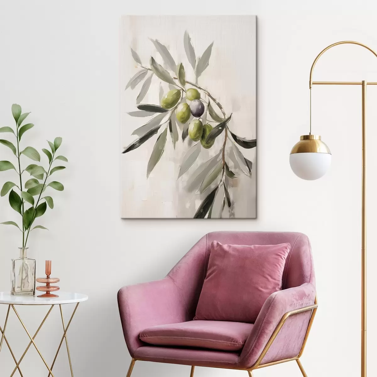 Obraz zelené olivy, detail větve, světlé pozadí, organické, přírodní paleta, rustikální Č. s45110