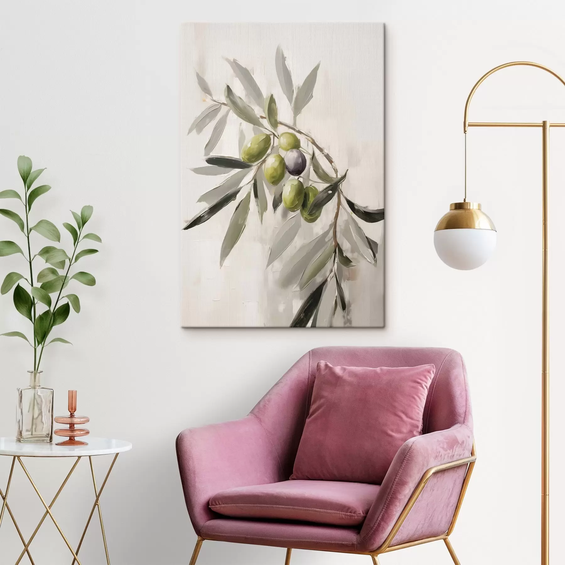 Obraz zelené olivy, detail větve, světlé pozadí, organické, přírodní paleta, rustikální Č. s45110