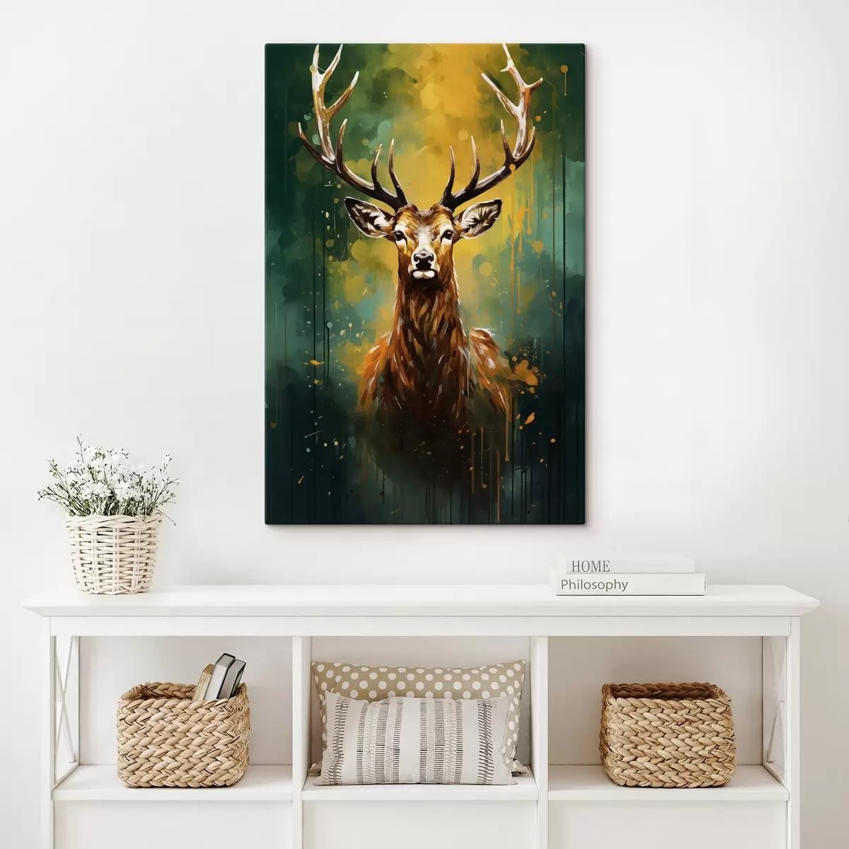 Obraz jelen, paroží, lesní zelená, oranžová šplouchnutí, portrét zvířete, kapky barvy, odvážný, divoká zvěř Č. s45111