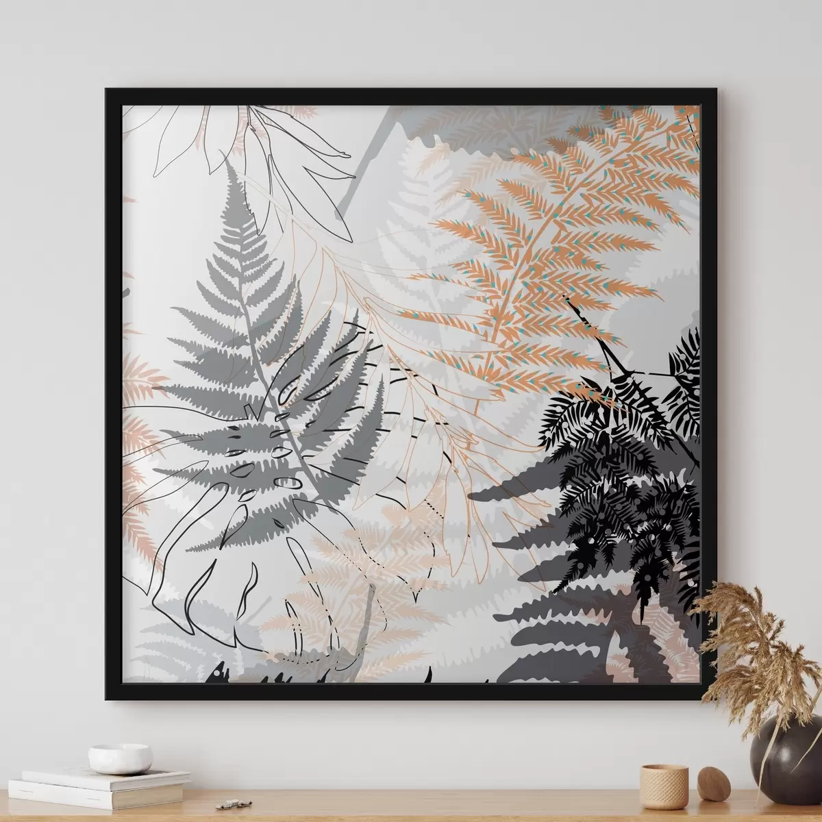 Poster kapradí, abstraktní listy, vzor, plochý design, kontrast, šedé tóny, botanické, překrytí f45101