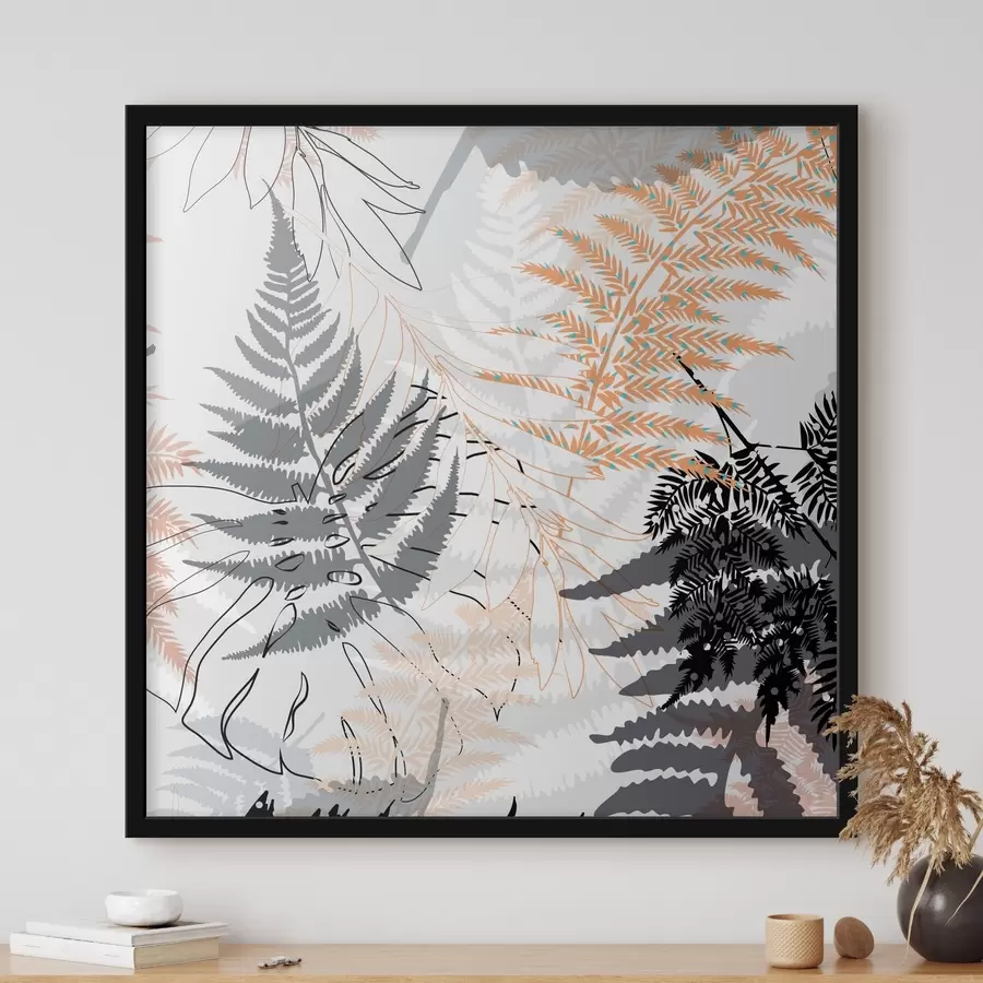 Fototapet kapradí, abstraktní listy, vzor, plochý design, kontrast, šedé tóny, botanické, překrytí f45101