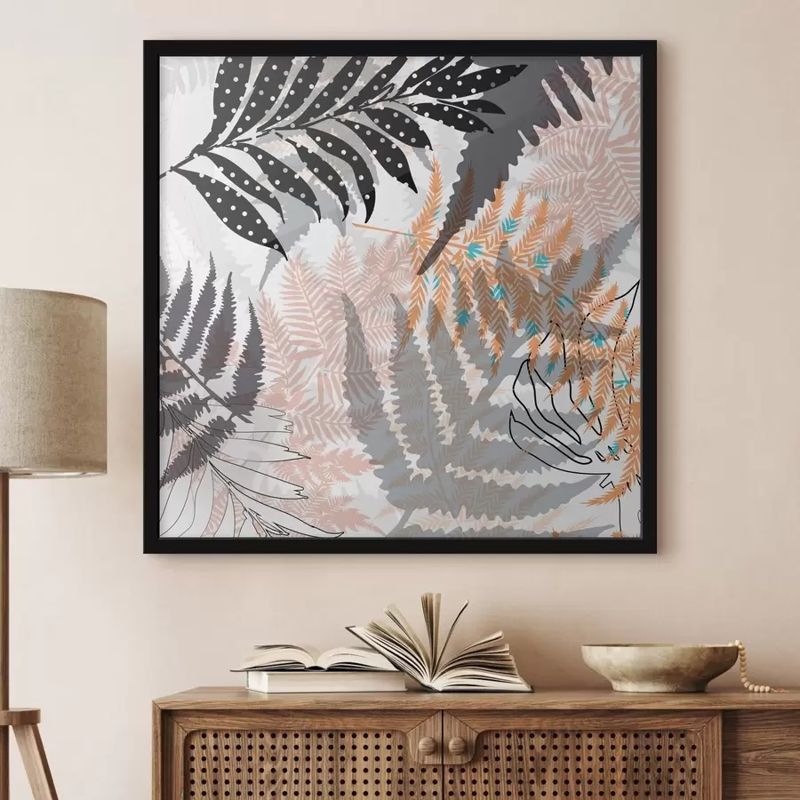 Fototapet tropické listy, grafika, textura, béžová a černá, silueta, současná, rostlina f45103