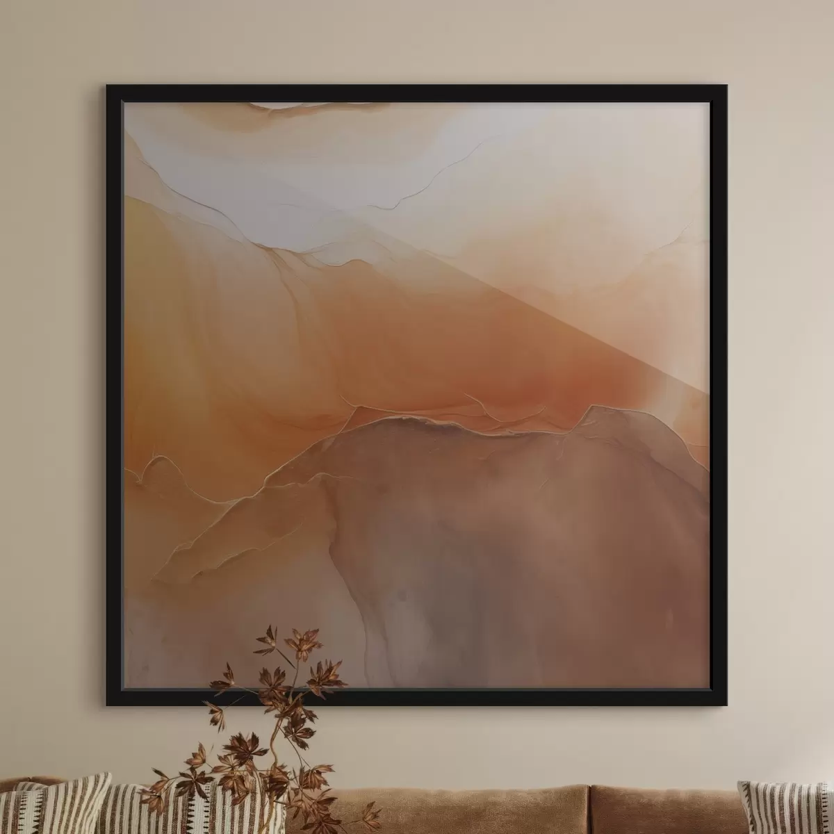 Poster neutrální abstrakce, pískové barvy, jemné křivky, vizuální textura, efekt toku f45108