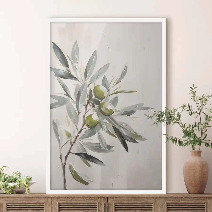 Fototapet olivová ratolest, zelené plody, tlumené tóny, listy, minimální, přírodní, olejomalba, botanická f45109