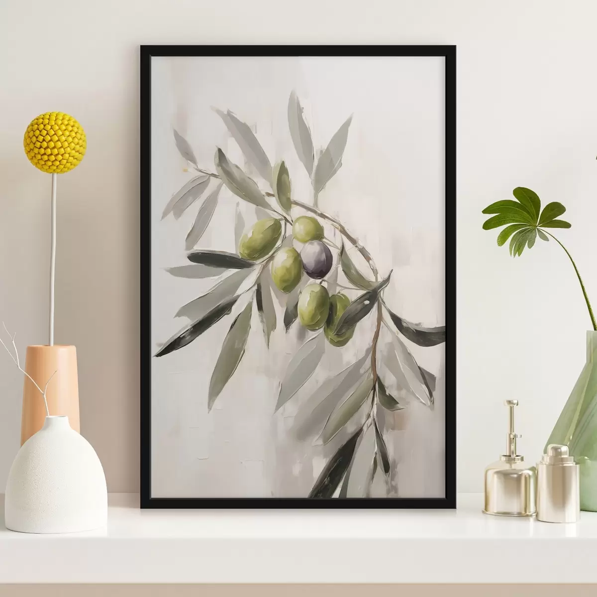 Poster zelené olivy, detail větve, světlé pozadí, organické, přírodní paleta, rustikální f45110