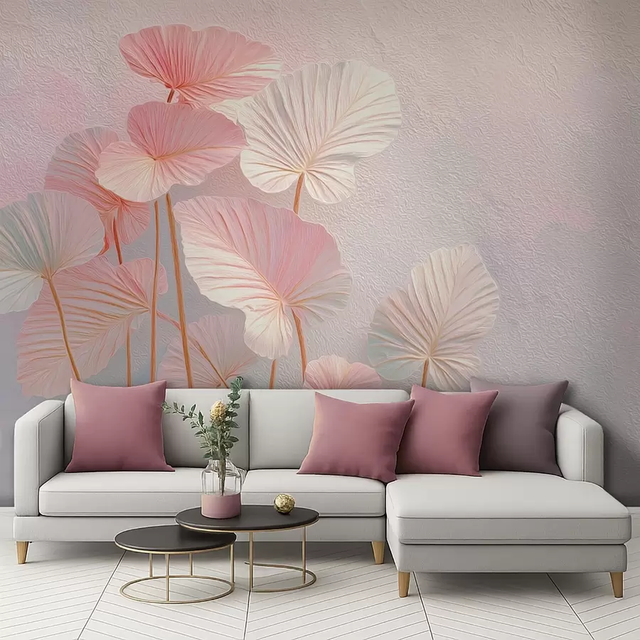 Fototapet Elegantní velké tropické listy v jemných růžových a modrých odstínech w09252