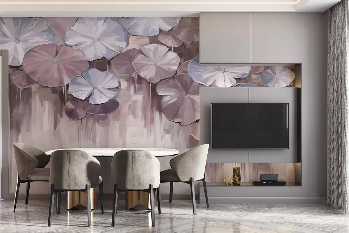 Fototapet Texturované lekníny s fialovými a modrými barvami v rybníce, pozadí je rozmazaná směs jemných odstínů fialové w09255v1