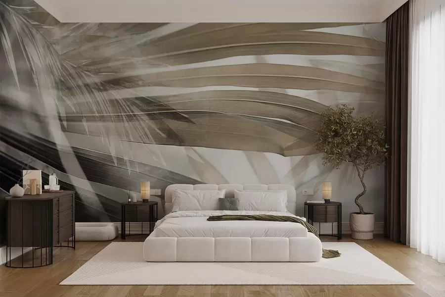 Fototapet Palmové listy se světle hnědým odstínem, které se překrývají a vytvářejí vrstvený efekt, na jemném, neutrálním pozadí w09256