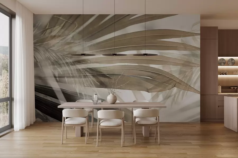 Fototapet Palmové listy se světle hnědým odstínem, které se překrývají a vytvářejí vrstvený efekt, na jemném, neutrálním pozadí w09256