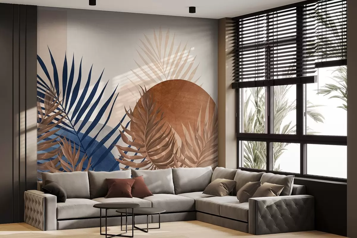 Fototapet Abstraktní texturovaná kompozice s tropickými listy v odstínech modré a zemitých tónech, s velkým kruhovým tvarem w09257