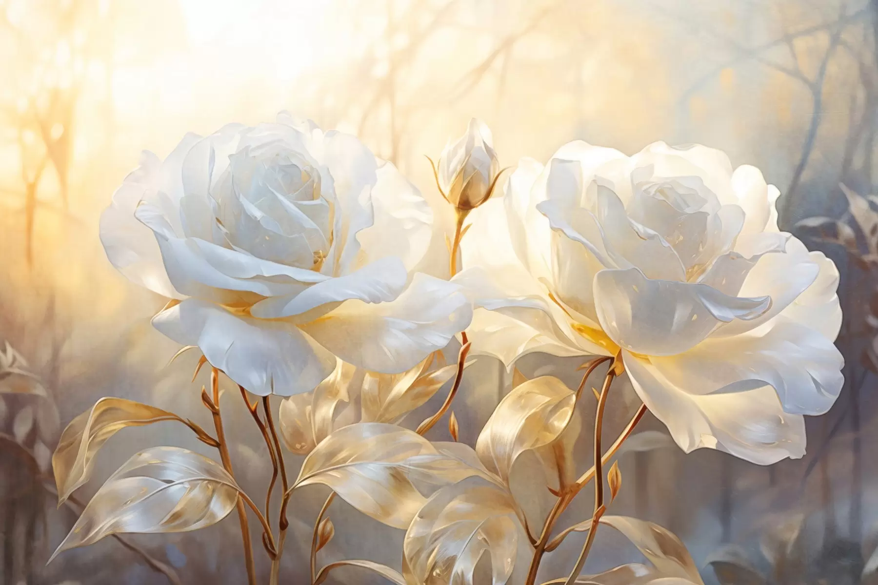 Fototapet Bílé strukturované růže se žlutými stonky a listy, měkké osvětlení, světlé pozadí s rozmazanými květinovými tvary w09258