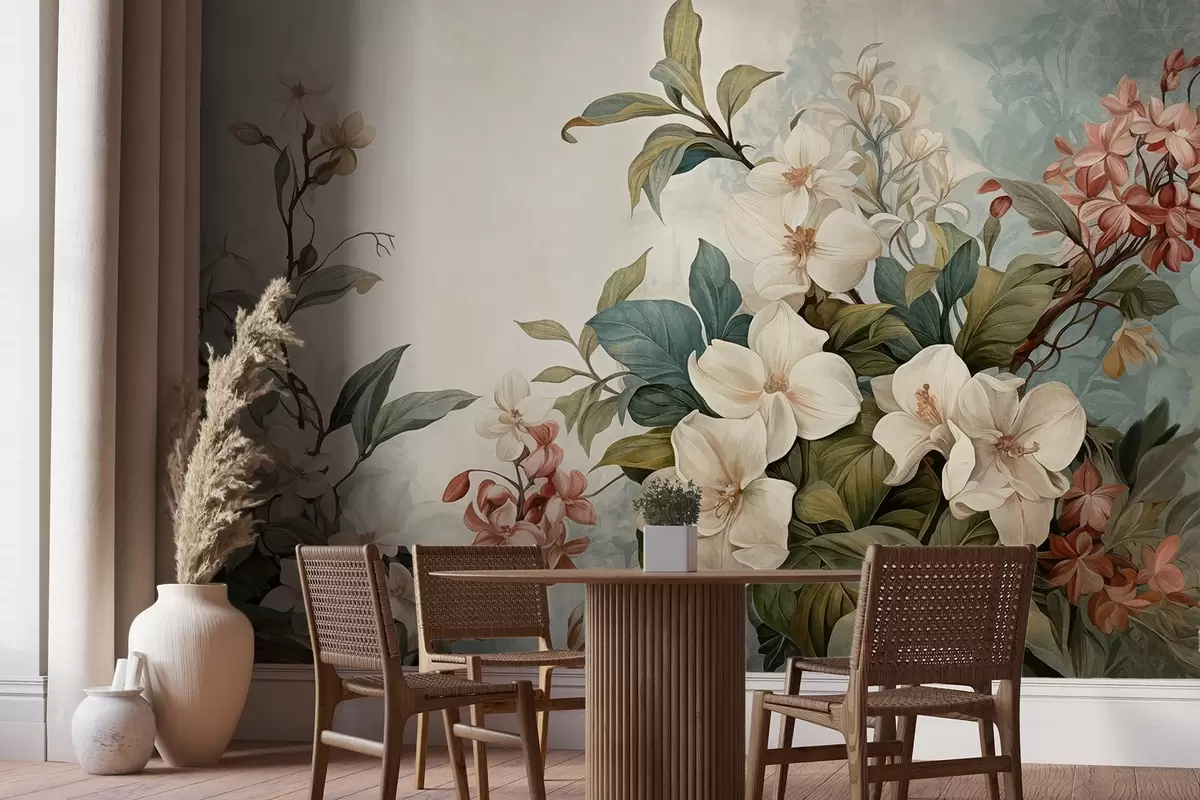 Fototapet Texturované tropické květy a listy v jemných modrých a zelených odstínech, jemné tahy štětcem, vintage botanický styl w09259