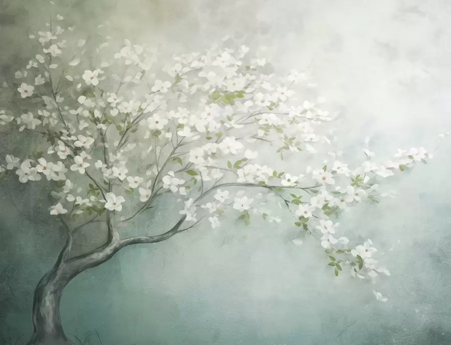 Fototapet Rozkvetlý strom s bílými květy v plném květu na zrnitém pozadí s hlučnou texturou v tlumené modré a zelené barvě w09261