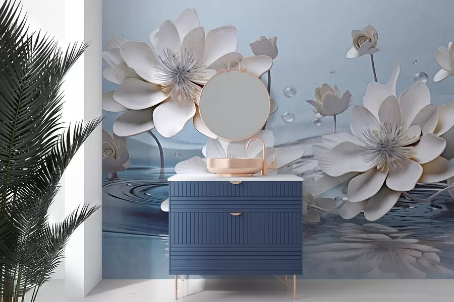 Fototapet Bílé strukturované květy s kapkami vody, odrazy na vodní hladině, světle modré pozadí, elegantní design w09262