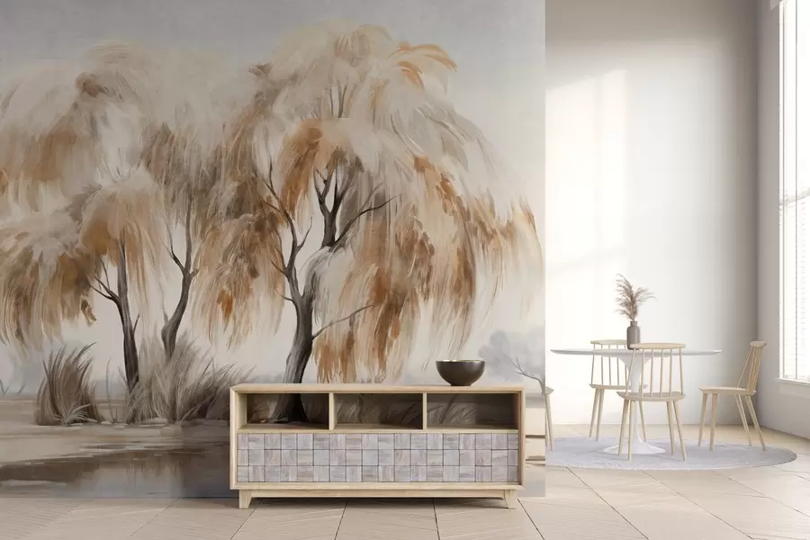 Fototapet Texturované vrby s hnědými a bílými listy na břehu jezera, kolem nich tráva, mlhavý den w09268