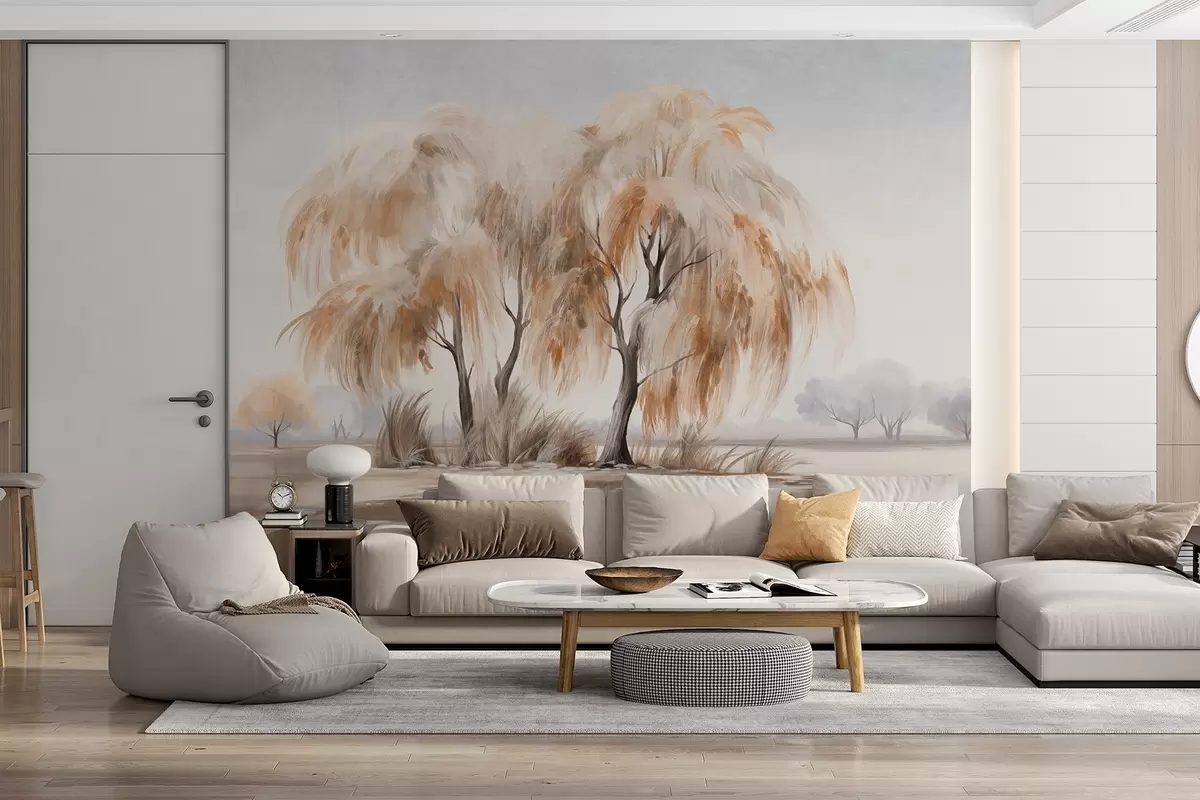 Fototapet Texturované vrby s hnědými a bílými listy na břehu jezera, kolem nich tráva, mlhavý den w09268