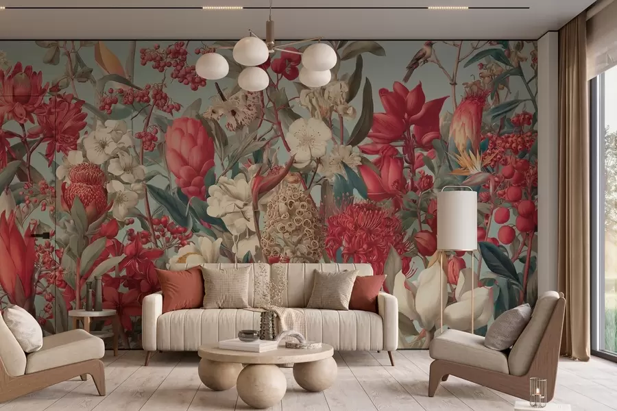 Fototapet texturované tropické květiny na modrém pozadí w04209