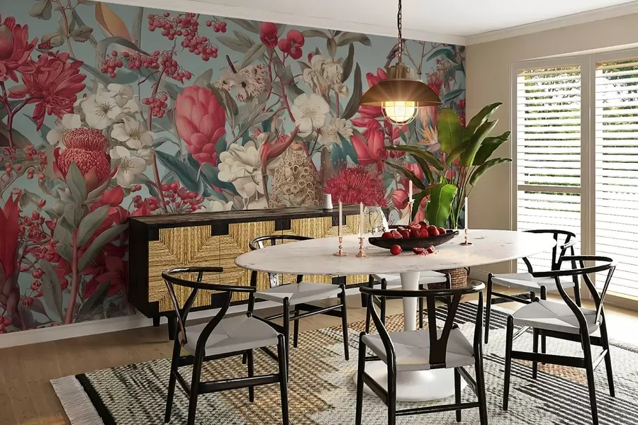 Fototapet texturované tropické květiny na modrém pozadí w04209