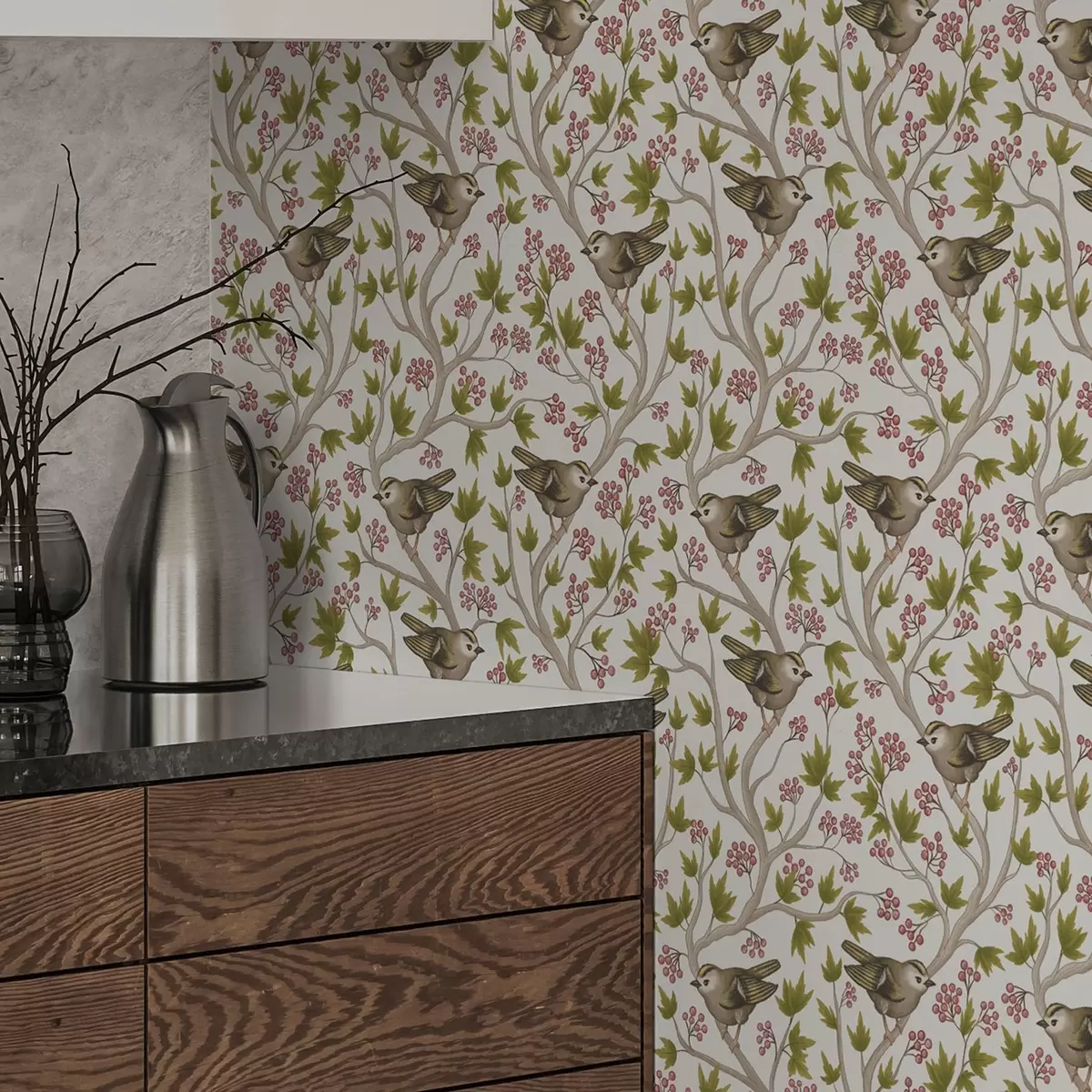 Tapety Ptáci na větvích s listy a bobulemi na bílém pozadí a00283