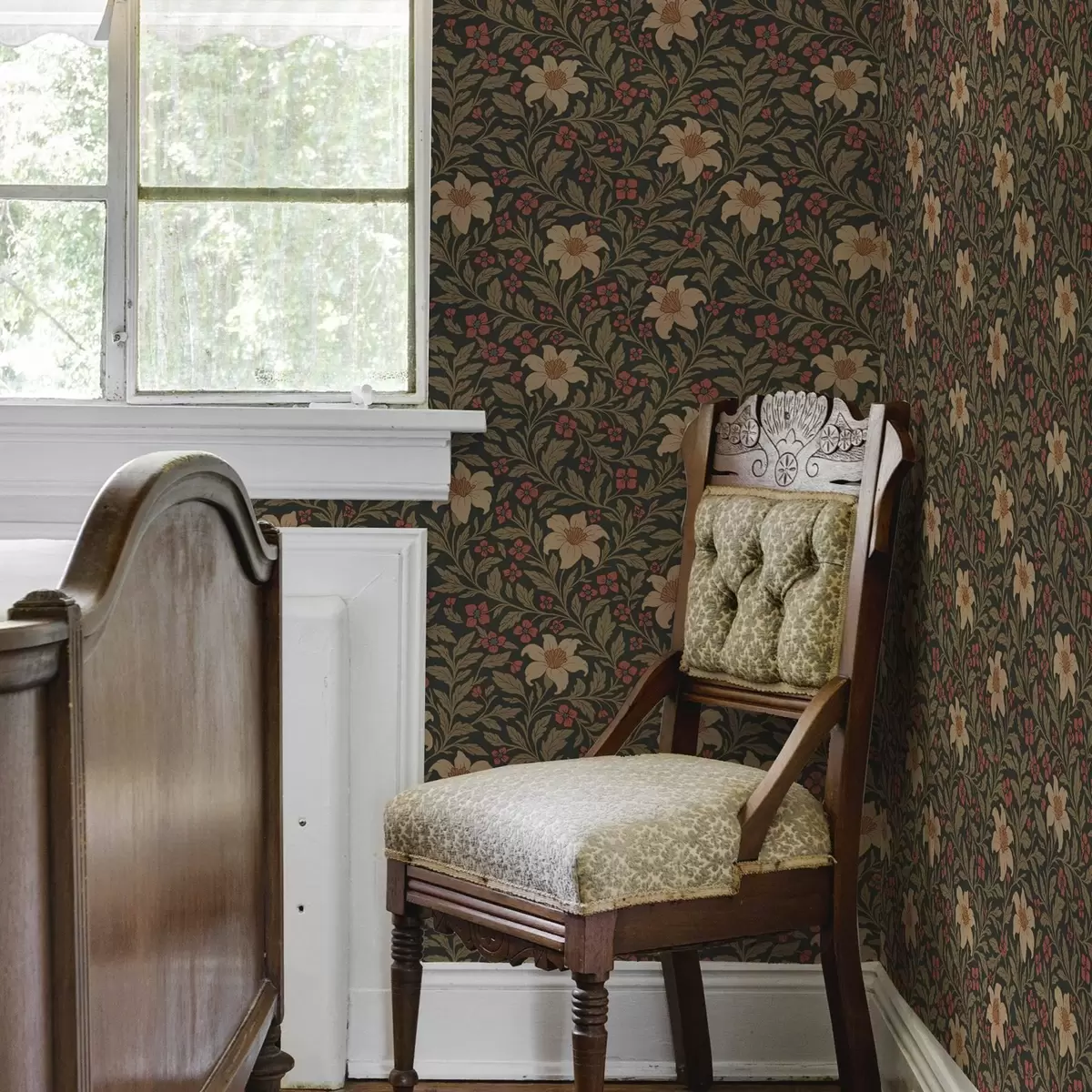 Tapety Tmavé pozadí se žlutými a červenými květy v secesním stylu a00293