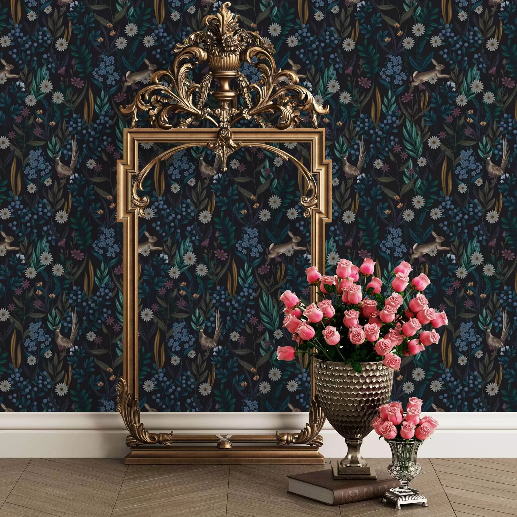 Fototapet Tmavý les s květinami, zajícem a ptákem a00310