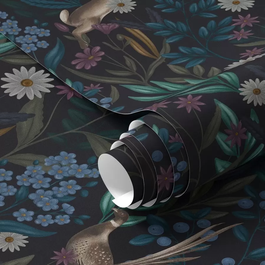 Fototapet Tmavý les s květinami, zajícem a ptákem a00310