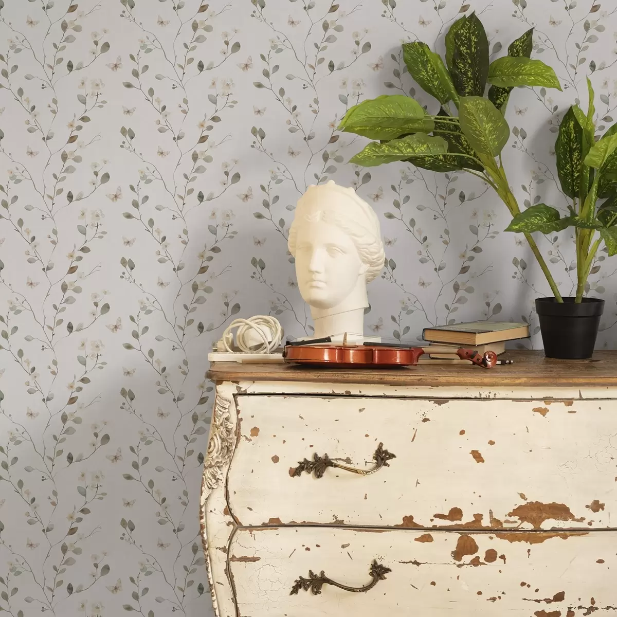 Tapety Tenké větve s květinami a motýly na bílém pozadí a00342