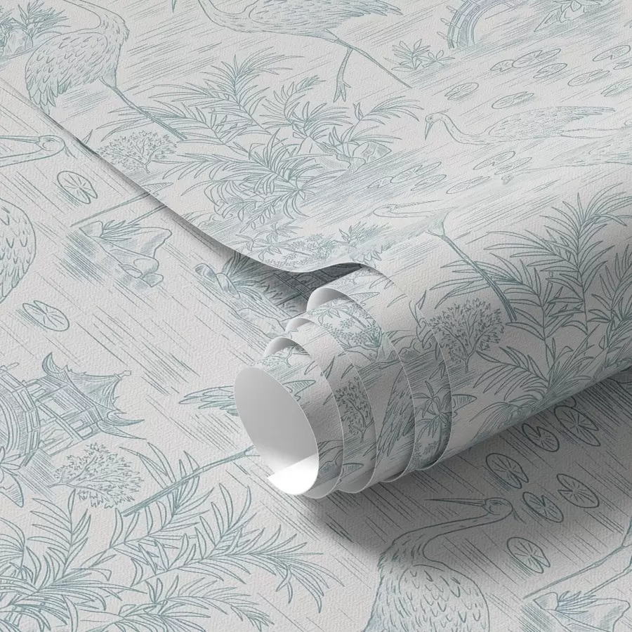 Fototapet Asijská krajina s jeřáby, mosty a lotosy a00405