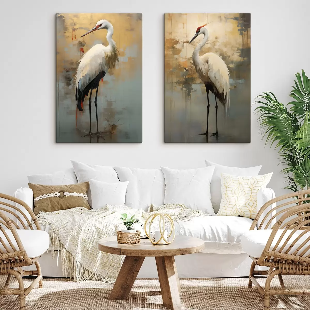 Obraz Bílá volavka na pozadí tlumených žlutých, hnědých a modrých odstínů naznačujících mlhavou abstraktní krajinu Č. m00530