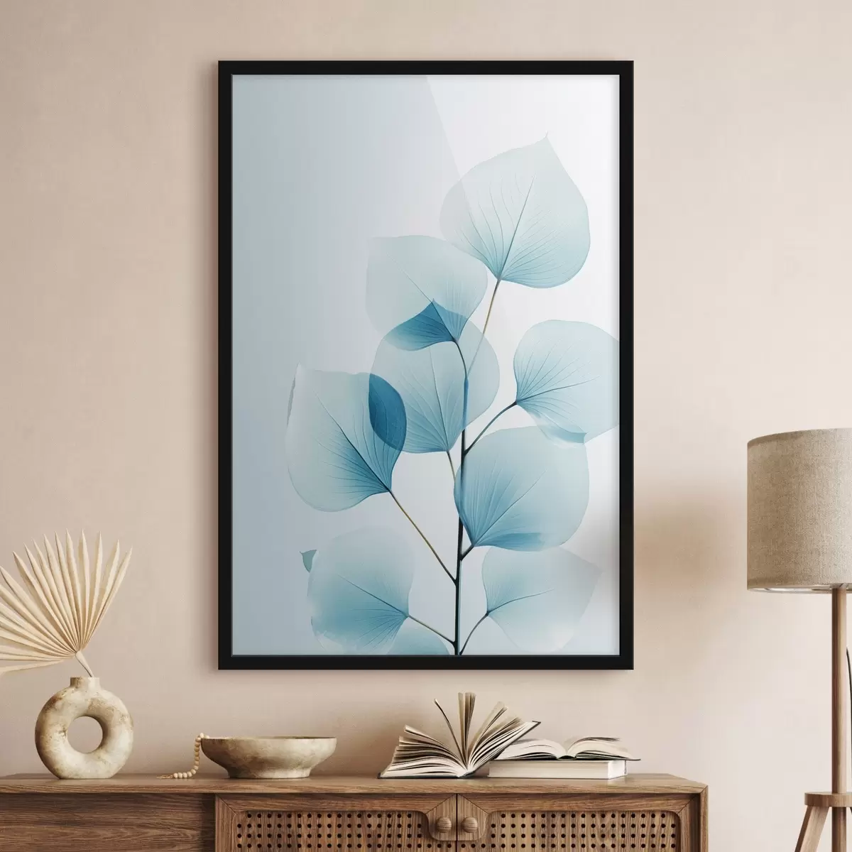 Poster Větev s průsvitnými modrými listy, viditelné jemné žilky, lehká a klidná kompozice, minimalistická estetika f45175