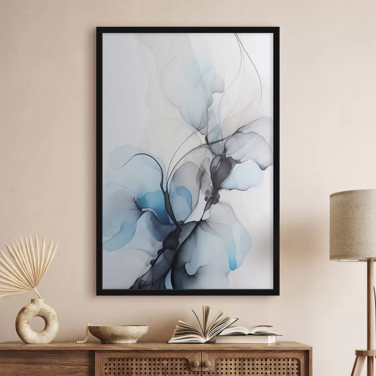 Poster Abstraktní kompozice s plynulými liniemi a průsvitnými okvětními lístky v odstínech modré, bílé a béžové, imitace lihového inkoustu f45177