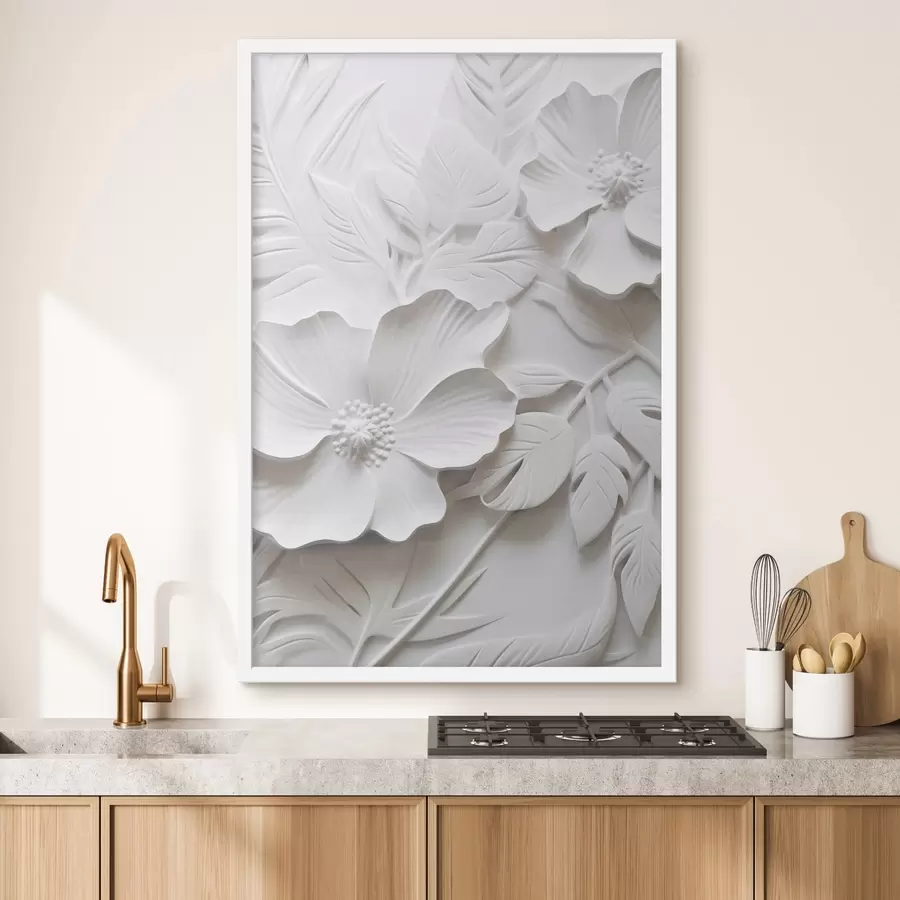 Fototapet Dekorativní minimalistické bílé květy s listy, imitace reliéfu, bílé pozadí f45180
