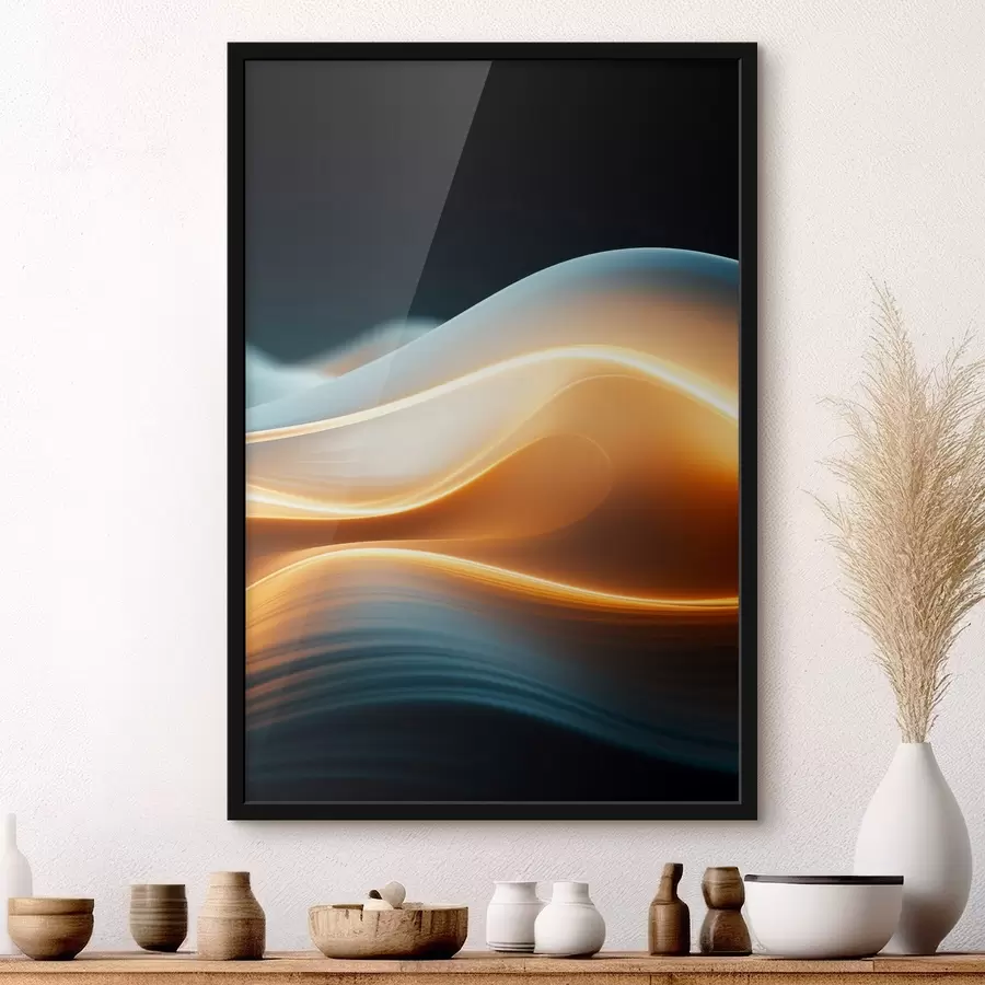 Fototapet Abstraktní tekoucí tvary s oranžovými liniemi, hladké křivky a linie, dynamická kompozice, tmavé pozadí f45183