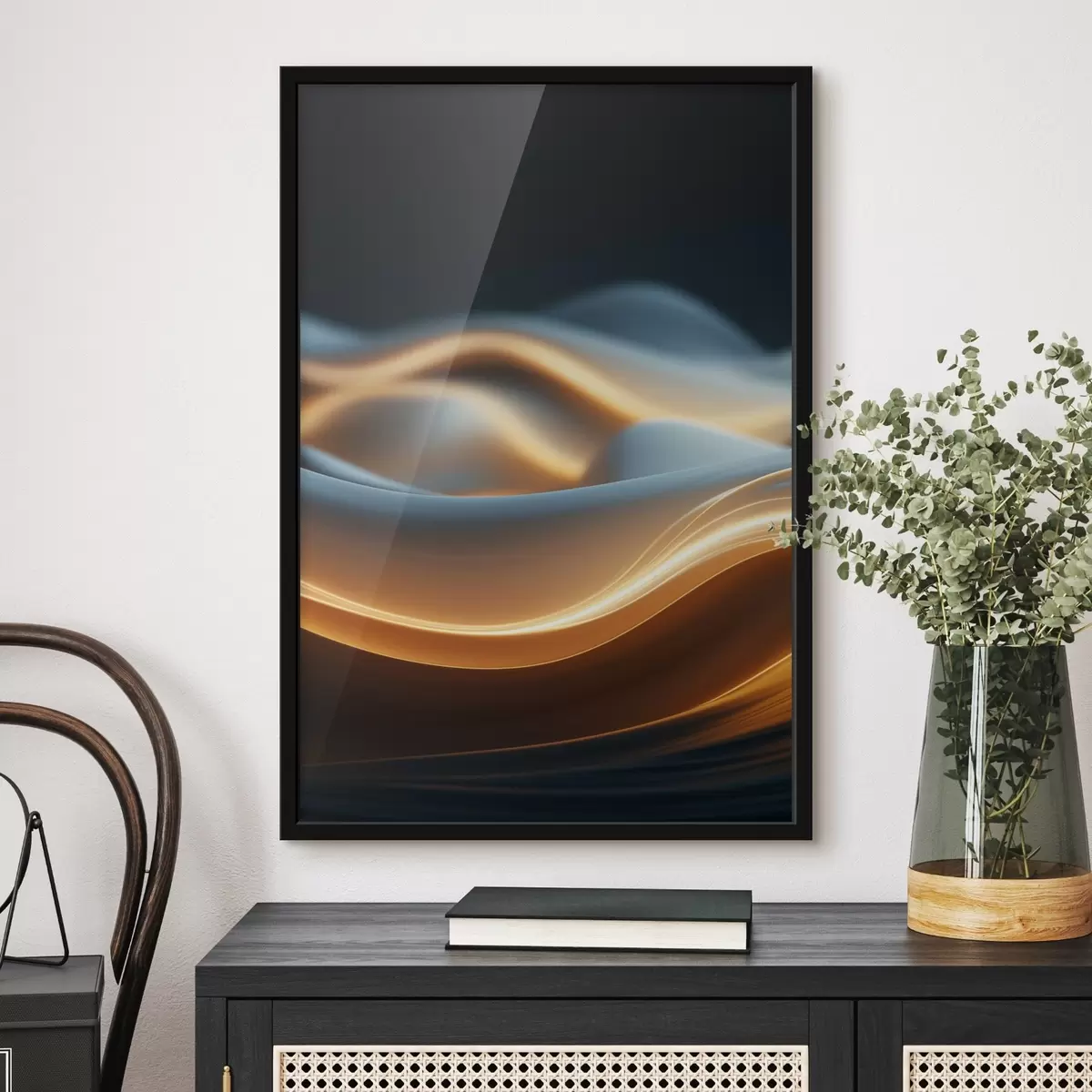 Poster Abstraktní tekoucí tvary s oranžovými liniemi, hladké křivky a linie, dynamická kompozice, tmavé pozadí f45184