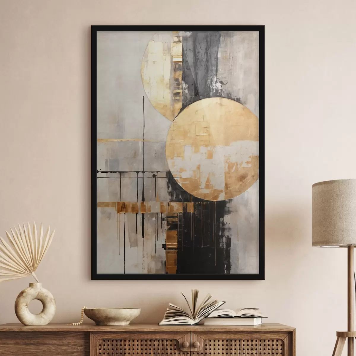 Poster Abstraktní malba s kruhy, černými a žlutými liniemi a pozadím v šedých a bílých tónech f45185